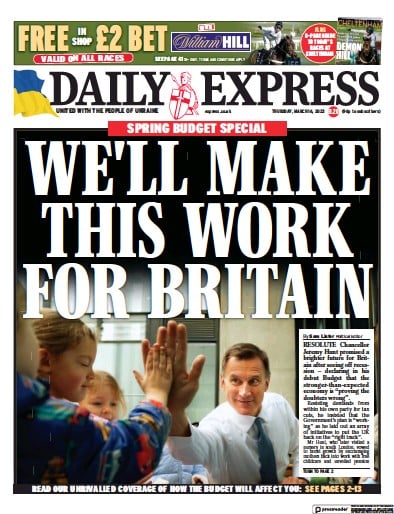 Daily Express Newspaper Front Page (UK) for 16 March 2023