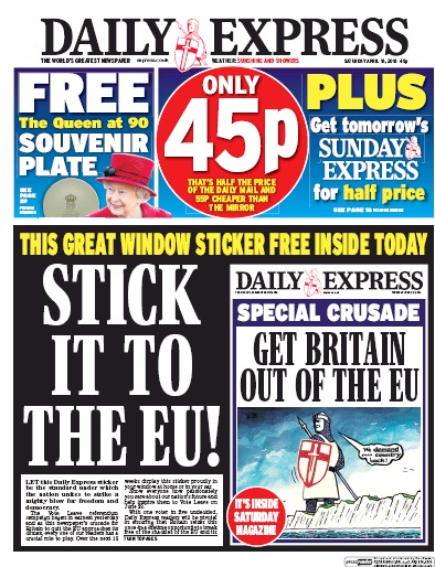 Daily Express Newspaper Front Page (UK) for 16 April 2016