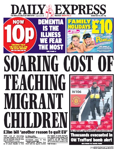 Daily Express Newspaper Front Page (UK) for 16 May 2016