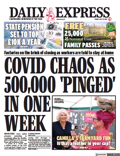 Daily Express Newspaper Front Page (UK) for 16 July 2021