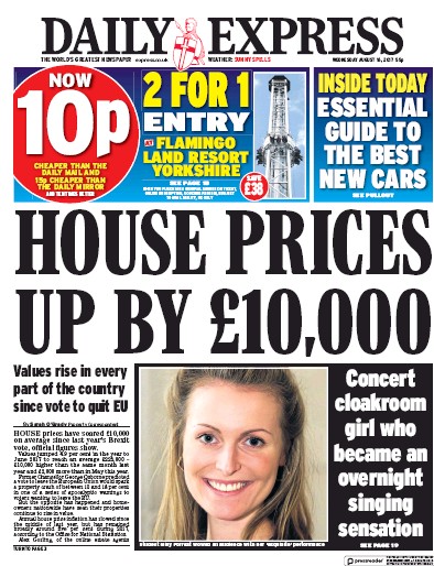Daily Express Newspaper Front Page (UK) for 16 August 2017