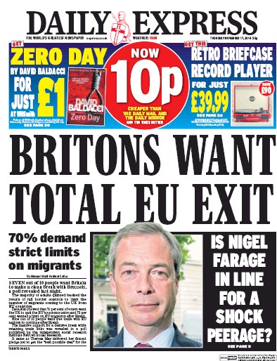 Daily Express Newspaper Front Page (UK) for 17 November 2016