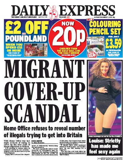 Daily Express Newspaper Front Page (UK) for 17 December 2016