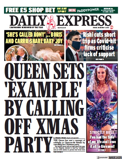 Daily Express Newspaper Front Page (UK) for 17 December 2021