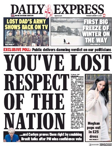 Daily Express Newspaper Front Page (UK) for 17 January 2019