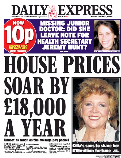 Daily Express Newspaper Front Page (UK) for 17 February 2016