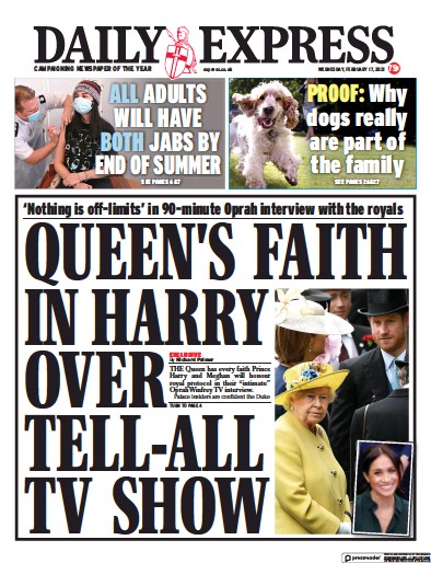 Daily Express Newspaper Front Page (UK) for 17 February 2021