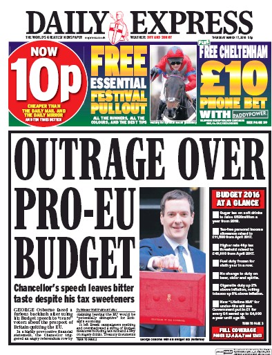Daily Express Newspaper Front Page (UK) for 17 March 2016