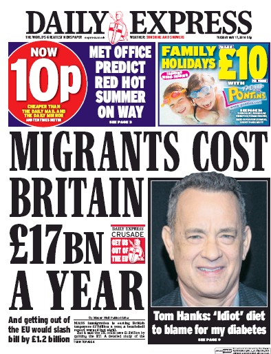 Daily Express Newspaper Front Page (UK) for 17 May 2016