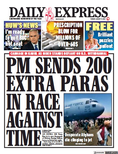 Daily Express Newspaper Front Page (UK) for 17 August 2021