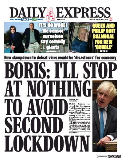 Daily Express Newspaper Front Page (UK) for 17 September 2020