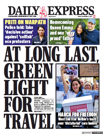 Daily Express Newspaper Front Page (UK) for 17 September 2021