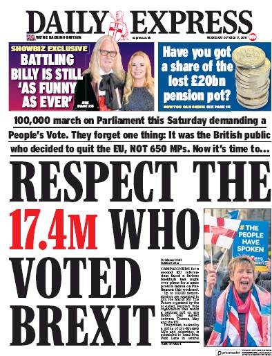 Daily Express Newspaper Front Page (UK) for 18 October 2018