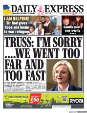 Daily Express (UK) Newspaper Front Page for 18 October 2022
