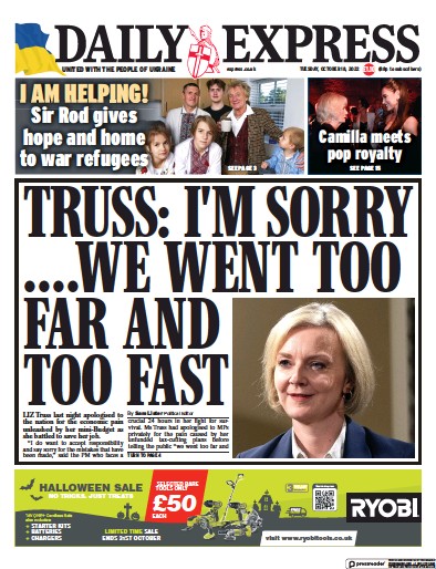 Daily Express Newspaper Front Page (UK) for 18 October 2022