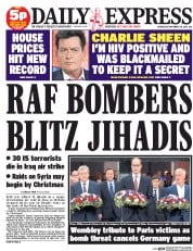 Daily Express (UK) Newspaper Front Page for 18 November 2015