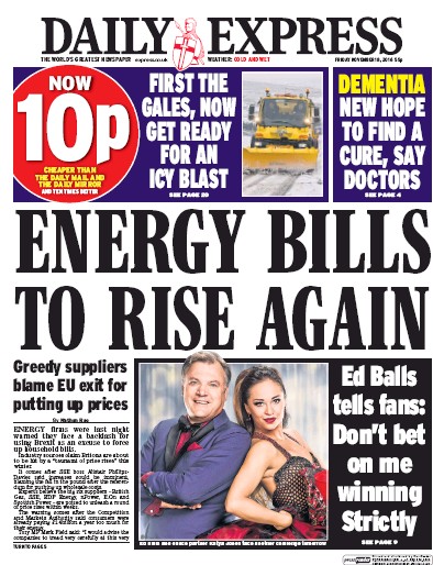 Daily Express Newspaper Front Page (UK) for 18 November 2016