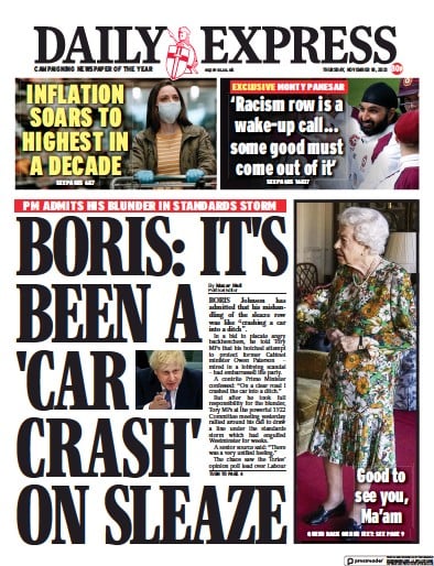 Daily Express Newspaper Front Page (UK) for 18 November 2021