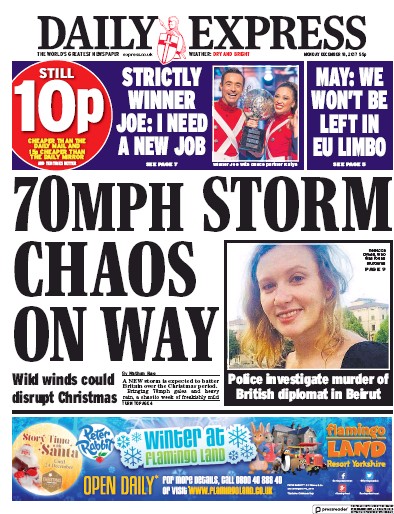 Daily Express Newspaper Front Page (UK) for 18 December 2017