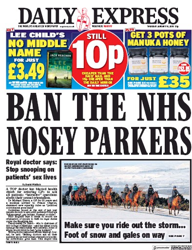 Daily Express Newspaper Front Page (UK) for 18 January 2018