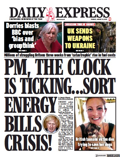 Daily Express Newspaper Front Page (UK) for 18 January 2022