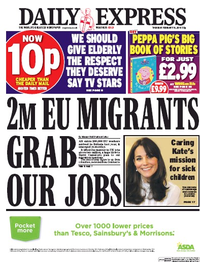 Daily Express Newspaper Front Page (UK) for 18 February 2016