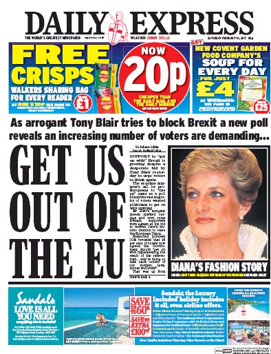 Daily Express Newspaper Front Page (UK) for 18 February 2017