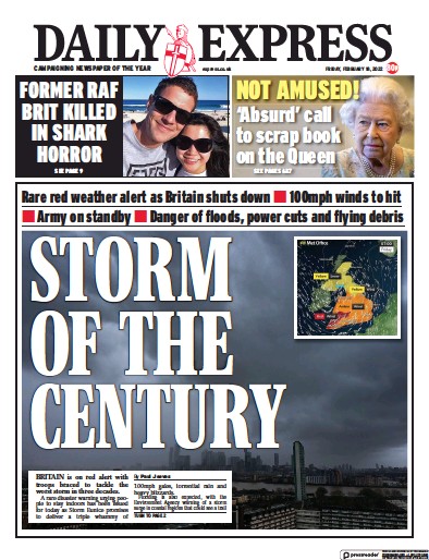 Daily Express Newspaper Front Page (UK) for 18 February 2022
