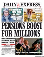 Daily Express (UK) Newspaper Front Page for 18 March 2019