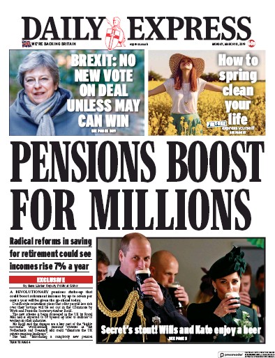 Daily Express Newspaper Front Page (UK) for 18 March 2019