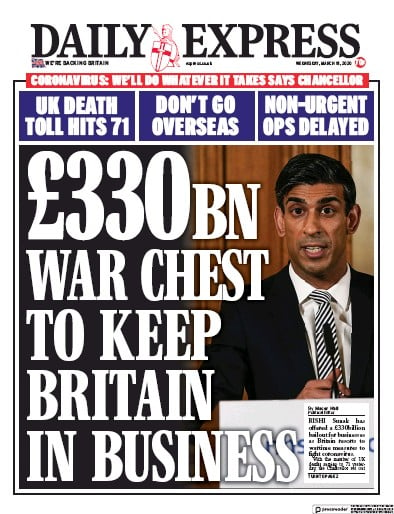 Daily Express Newspaper Front Page (UK) for 18 March 2020