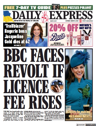 Daily Express Newspaper Front Page (UK) for 18 March 2023