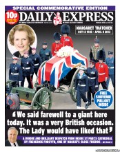 Daily Express Newspaper Front Page (UK) for 18 April 2013