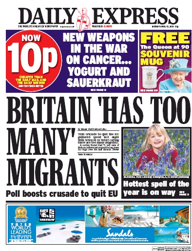 Daily Express Newspaper Front Page (UK) for 18 April 2016
