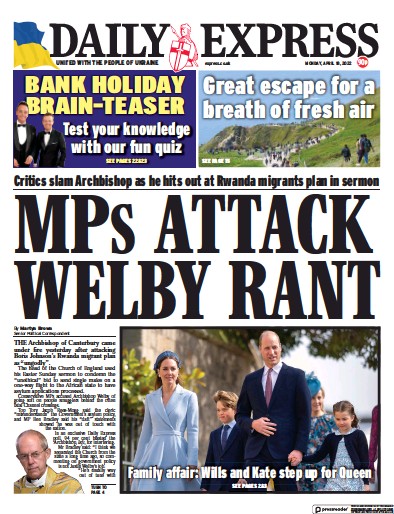 Daily Express Newspaper Front Page (UK) for 18 April 2022