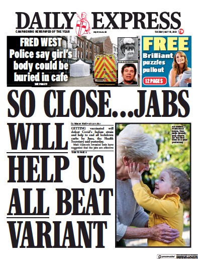 Daily Express Newspaper Front Page (UK) for 18 May 2021
