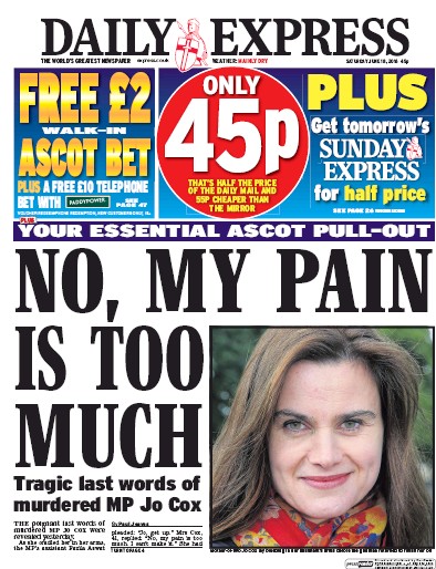 Daily Express Newspaper Front Page (UK) for 18 June 2016