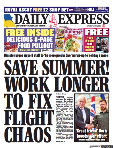 Daily Express Newspaper Front Page (UK) for 18 June 2022