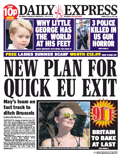 Daily Express Newspaper Front Page (UK) for 18 July 2016