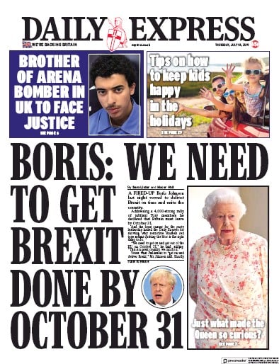 Daily Express Newspaper Front Page (UK) for 18 July 2019