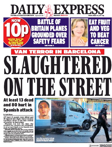 Daily Express Newspaper Front Page (UK) for 18 August 2017