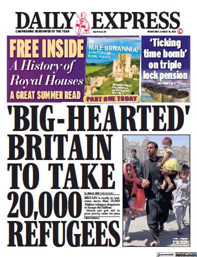 Daily Express Newspaper Front Page (UK) for 18 August 2021