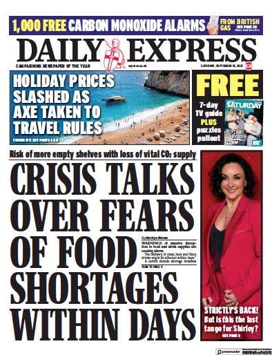 Daily Express Newspaper Front Page (UK) for 18 September 2021