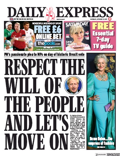 Daily Express Newspaper Front Page (UK) for 19 October 2019