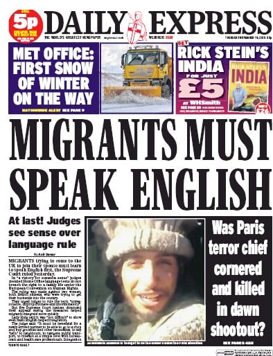 Daily Express Newspaper Front Page (UK) for 19 November 2015