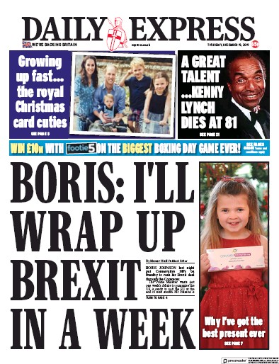 Daily Express Newspaper Front Page (UK) for 19 December 2019