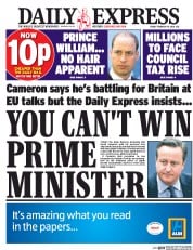 Daily Express (UK) Newspaper Front Page for 19 February 2016