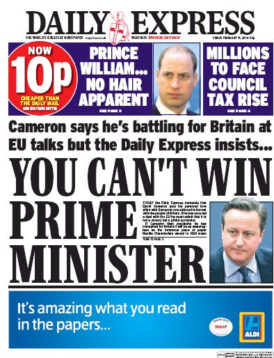 Daily Express Newspaper Front Page (UK) for 19 February 2016