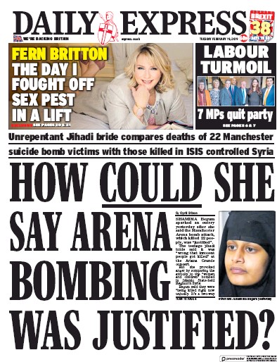 Daily Express Newspaper Front Page (UK) for 19 February 2019