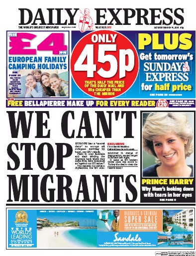 Daily Express Newspaper Front Page (UK) for 19 March 2016
